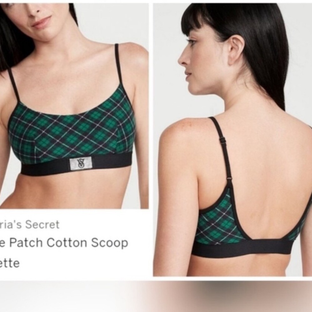 Victorias Secret Shine Patch Cotton Scoop Bralette Green Plaid Medium M